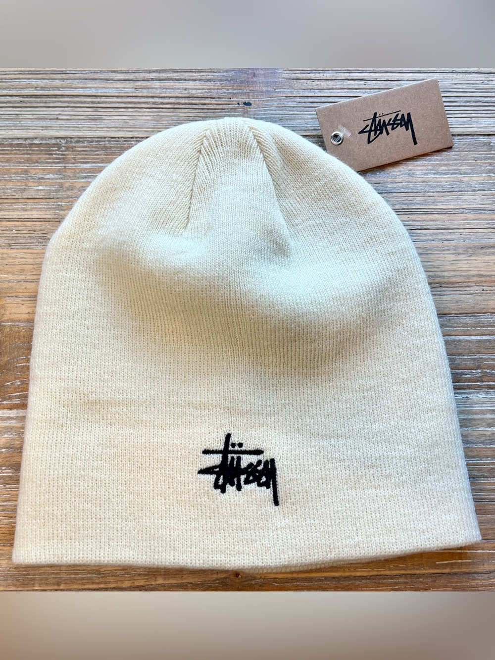 Stussy Basic Skullcap Beanie Cream |Limestone Stock Logo Hat Knit NWT One Size